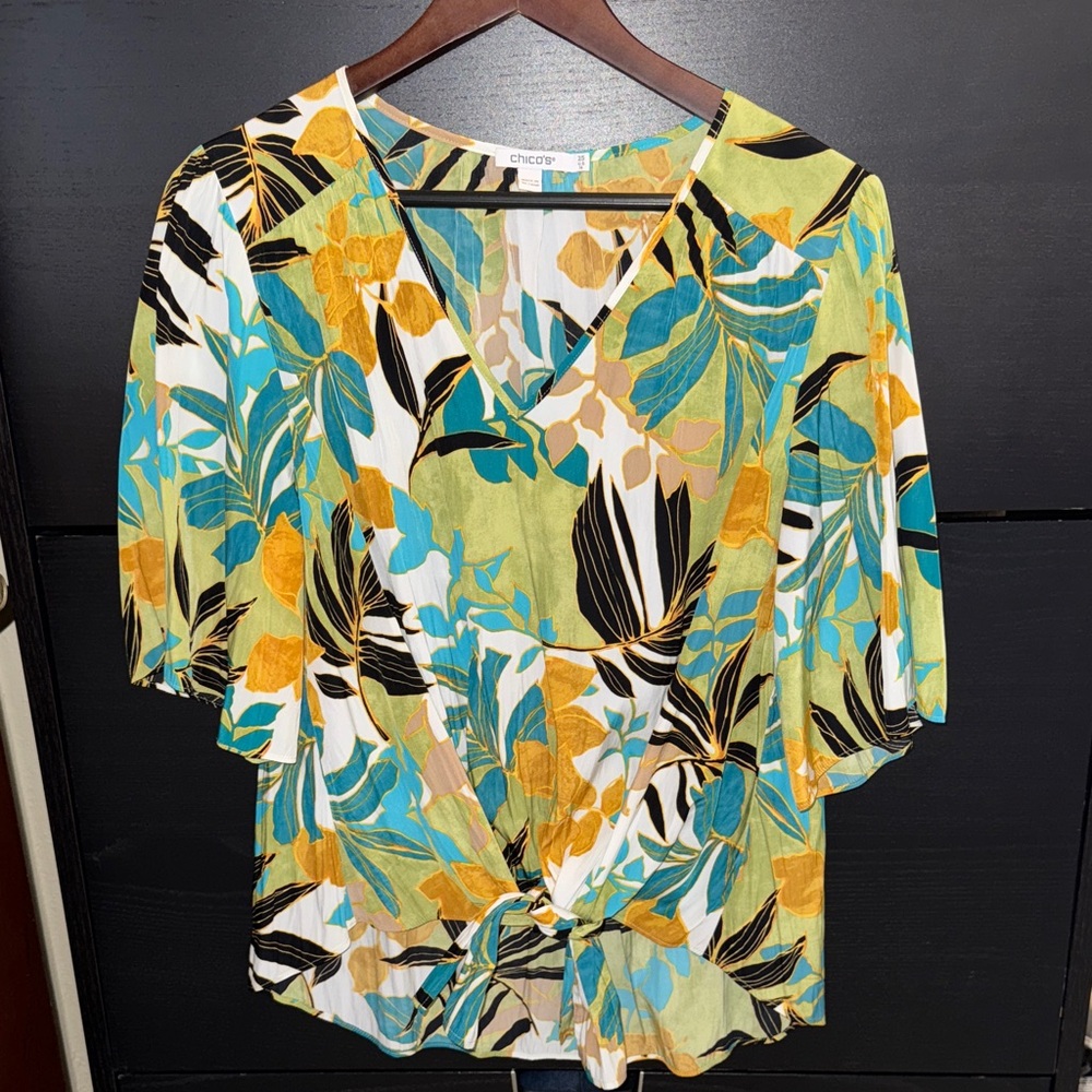 Chico's Teal, Mustard & Black Floral Tie-Front V-Neck Blouse